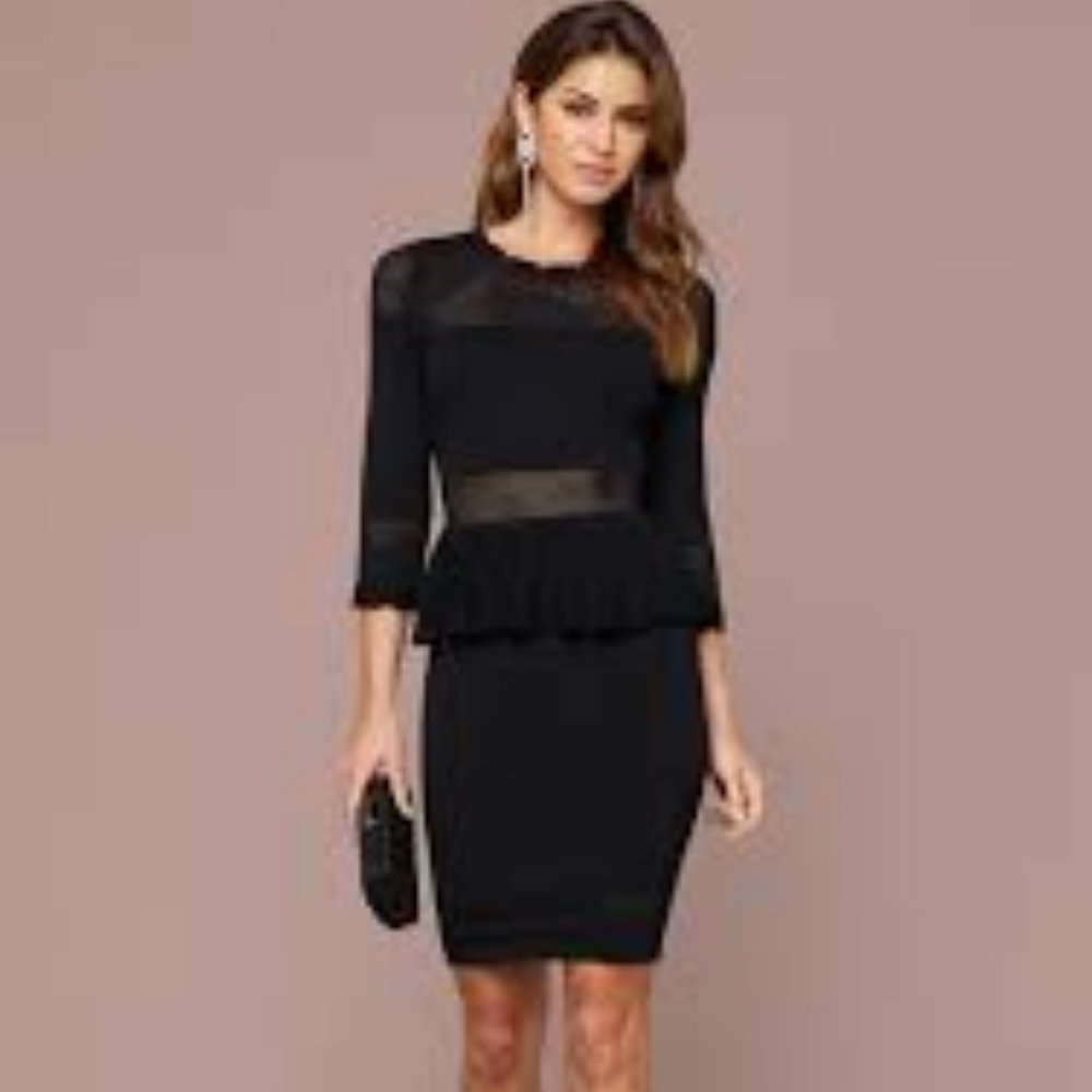 Bebe Dress Pointelle Peplum Fitted knit Black NWT